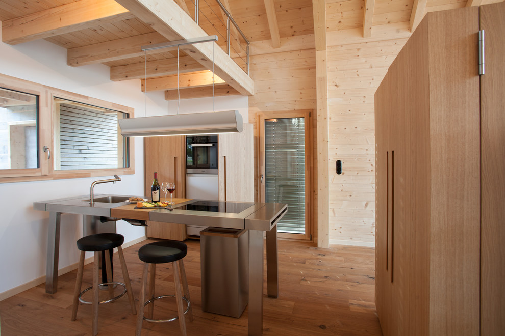Ejemplo de cocina escandinava con fregadero integrado, armarios con paneles lisos, puertas de armario de madera clara, encimera de acero inoxidable, suelo de madera clara y una isla