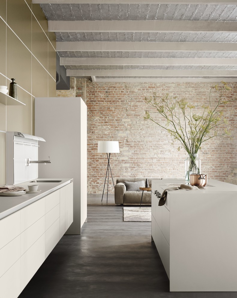 На фото: параллельная кухня-гостиная среднего размера в современном стиле с врезной мойкой, белыми фасадами, техникой под мебельный фасад и островом с