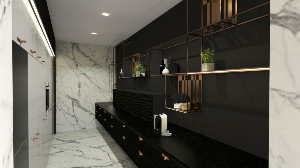Immagine di una grande cucina minimal con lavello a doppia vasca, ante a filo, ante nere, top in granito, paraspruzzi nero, elettrodomestici da incasso, pavimento in marmo e top nero