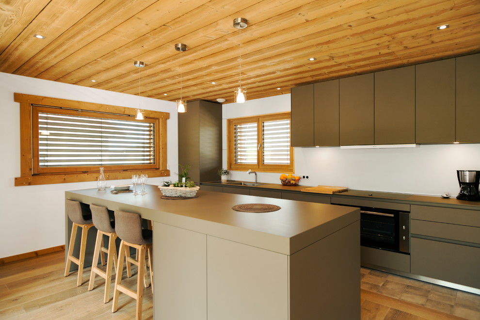 ディジョンにあるコンテンポラリースタイルのおしゃれなキッチン (フラットパネル扉のキャビネット、緑のキャビネット、無垢フローリング、茶色い床) の写真