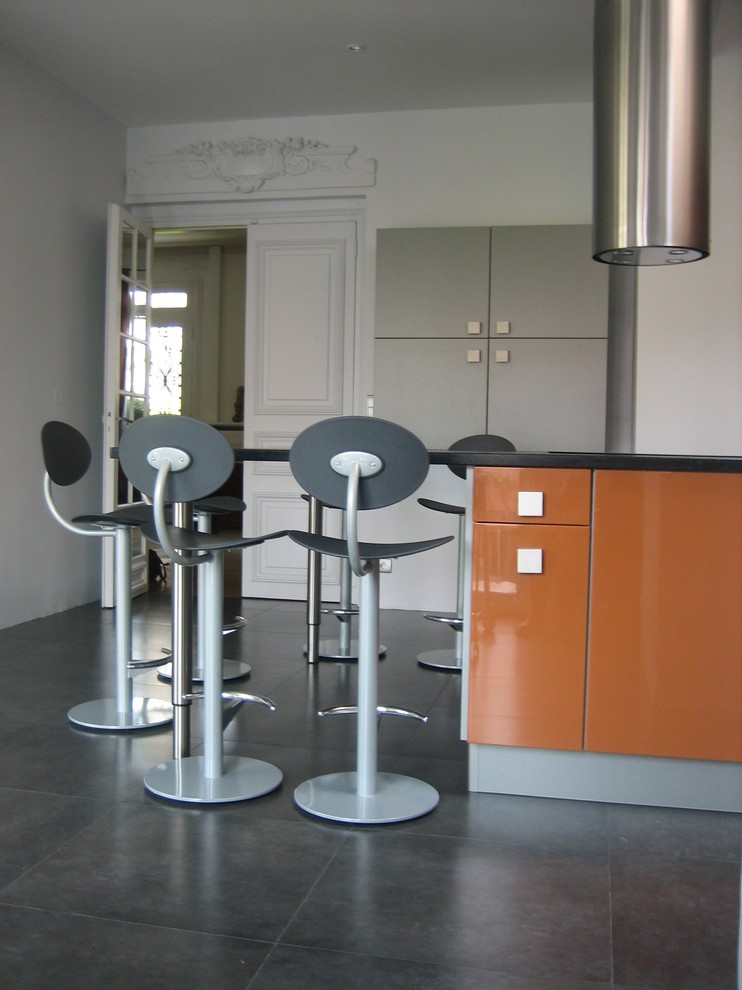 Modern inredning av ett mellanstort grå grått kök, med en undermonterad diskho, integrerade vitvaror, en köksö, grått golv, luckor med profilerade fronter, orange skåp och klinkergolv i keramik