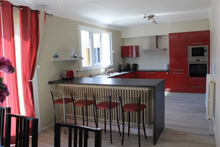 Modern inredning av ett mellanstort kök, med en dubbel diskho, luckor med profilerade fronter, röda skåp, laminatbänkskiva, rostfria vitvaror, vinylgolv och en halv köksö