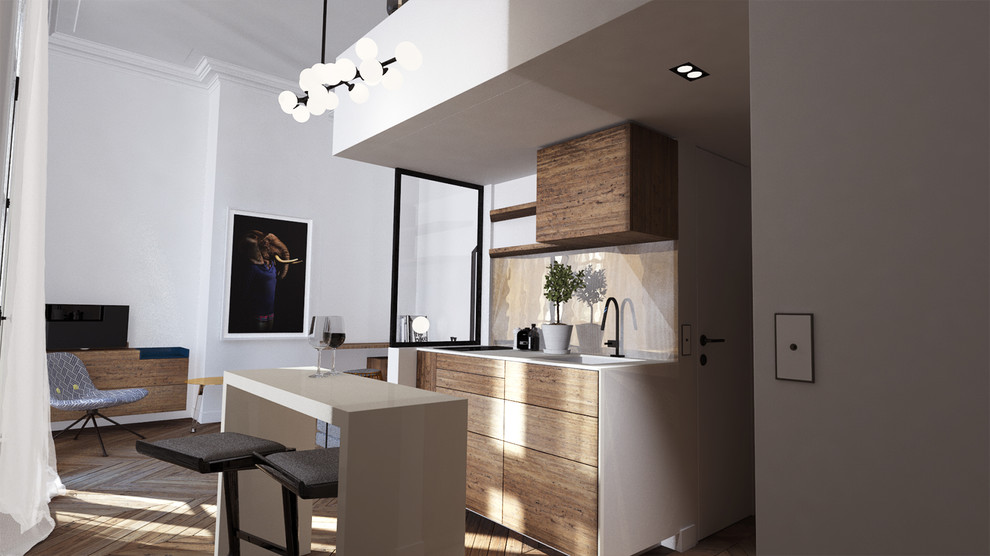 Design ideas for a small modern single-wall kitchen/diner in Paris with a submerged sink, beaded cabinets, brown cabinets, quartz worktops, yellow splashback, glass sheet splashback, integrated appliances, an island, brown floors and white worktops.
