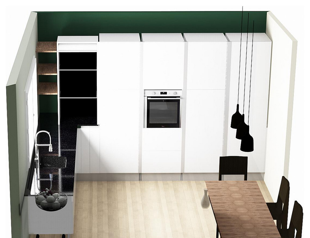 Idéer för att renovera ett stort funkis svart svart kök, med en undermonterad diskho, granitbänkskiva och en köksö