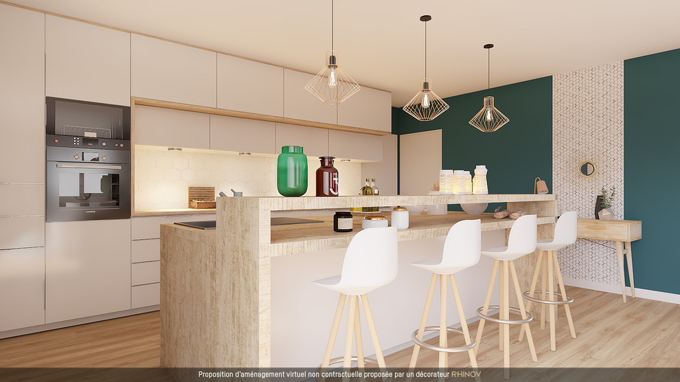 Diseño de cocina comedor lineal nórdica con puertas de armario de madera clara, encimera de madera, salpicadero blanco, salpicadero de azulejos de cerámica y una isla