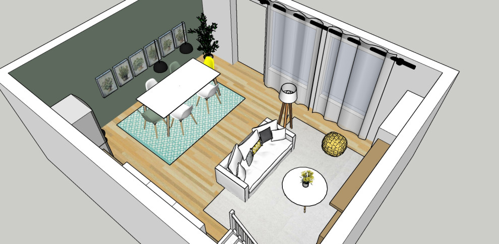 Idéer för stora nordiska linjära brunt kök med öppen planlösning, med en undermonterad diskho, luckor med profilerade fronter, vita skåp, träbänkskiva, grönt stänkskydd, stänkskydd i tunnelbanekakel, rostfria vitvaror, ljust trägolv och flerfärgat golv