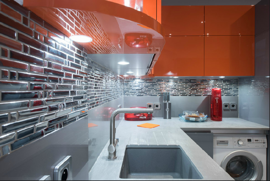 Cette image montre une cuisine design avec machine à laver.