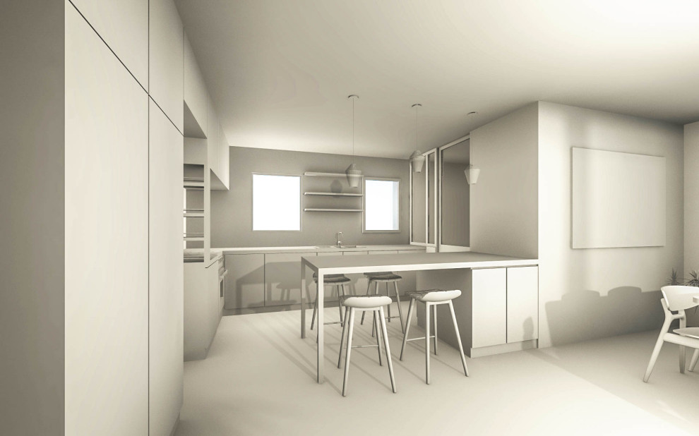 Стильный дизайн: параллельная кухня-гостиная среднего размера в современном стиле с фасадами с декоративным кантом - последний тренд