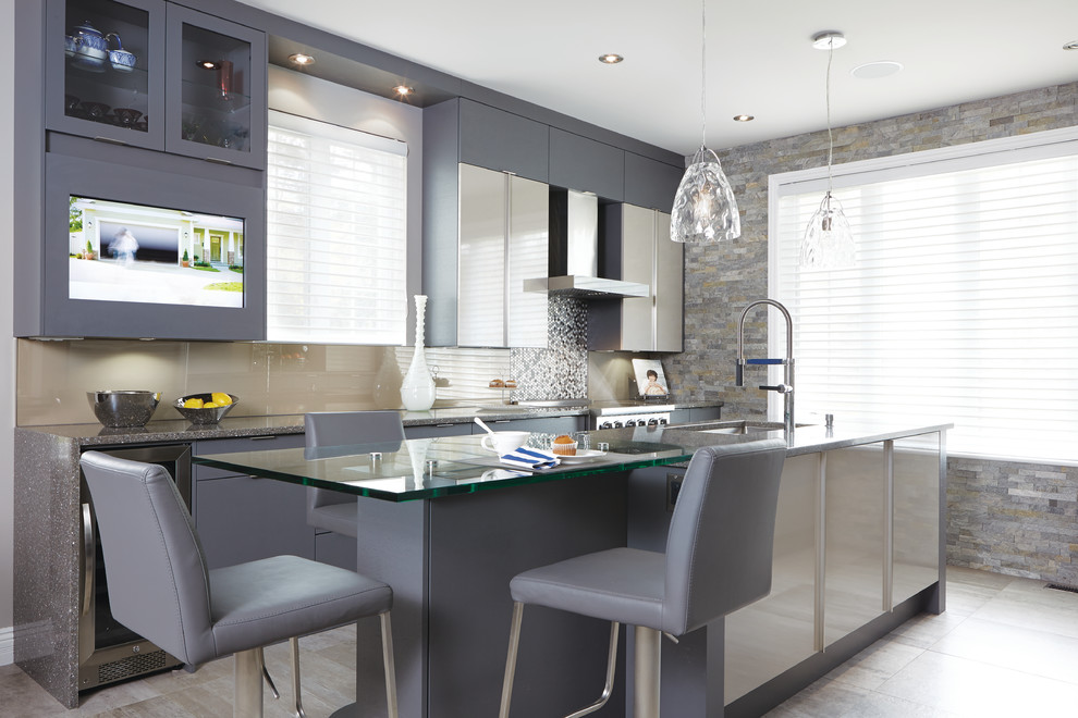 This is an example of a medium sized contemporary single-wall open plan kitchen in Other with a submerged sink, flat-panel cabinets, grey cabinets, quartz worktops, stainless steel appliances, an island, beige splashback, porcelain flooring, grey floors and grey worktops.