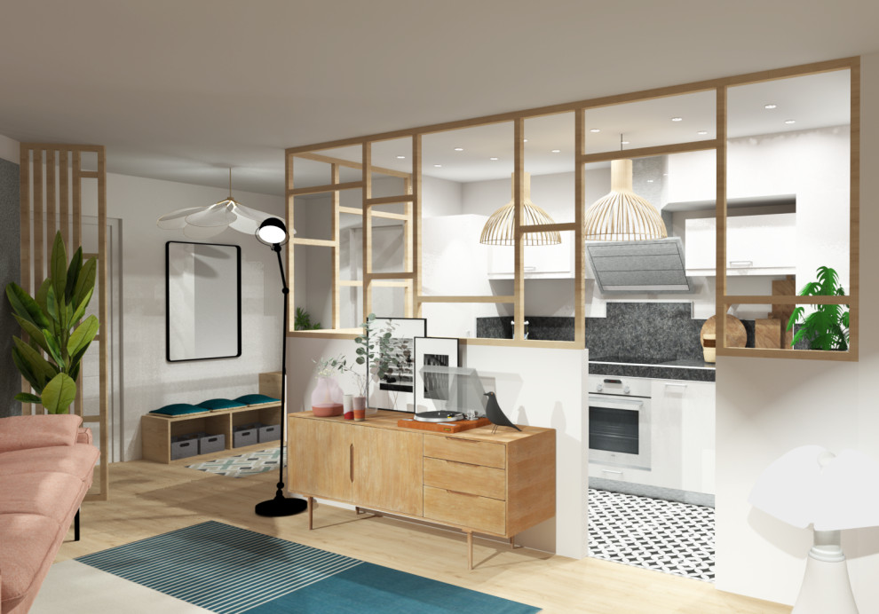 Idéer för att renovera ett mellanstort funkis grå grått kök, med en undermonterad diskho, granitbänkskiva, grått stänkskydd, stänkskydd i sten, rostfria vitvaror, cementgolv, vitt golv, luckor med profilerade fronter och vita skåp