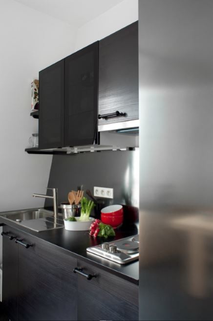 Foto på ett litet eklektiskt svart kök, med en undermonterad diskho, luckor med profilerade fronter, skåp i mörkt trä, stänkskydd med metallisk yta och rostfria vitvaror