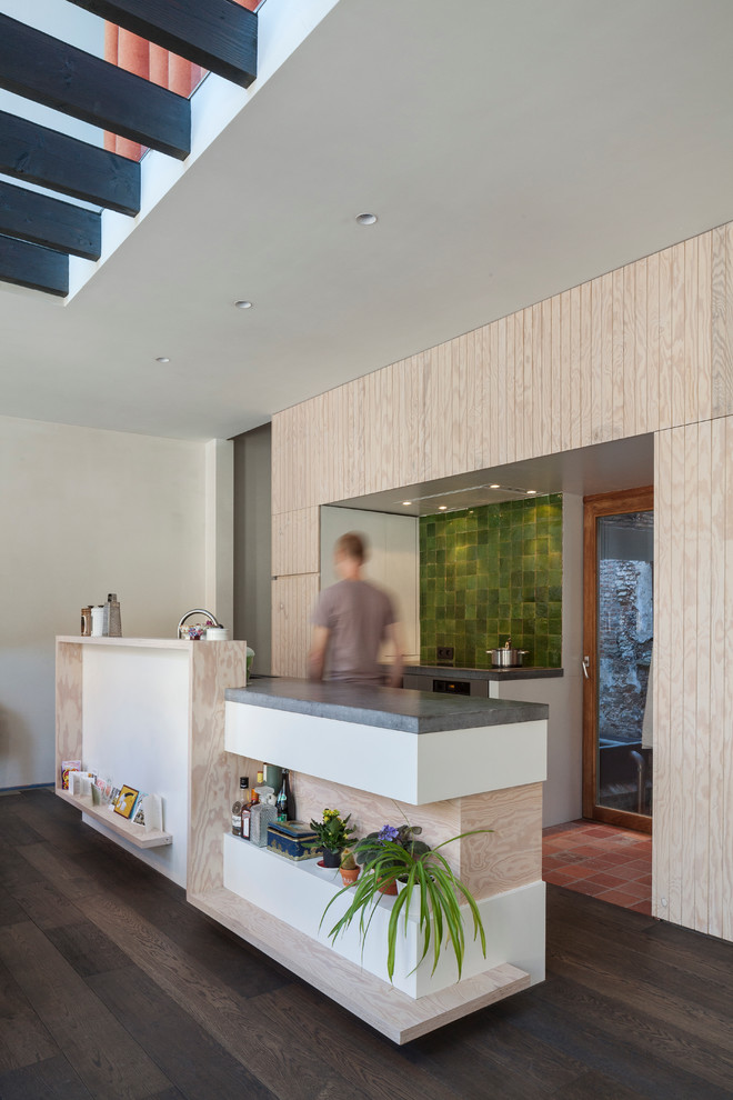 Idée de décoration pour une cuisine design avec une crédence verte, parquet foncé et îlot.