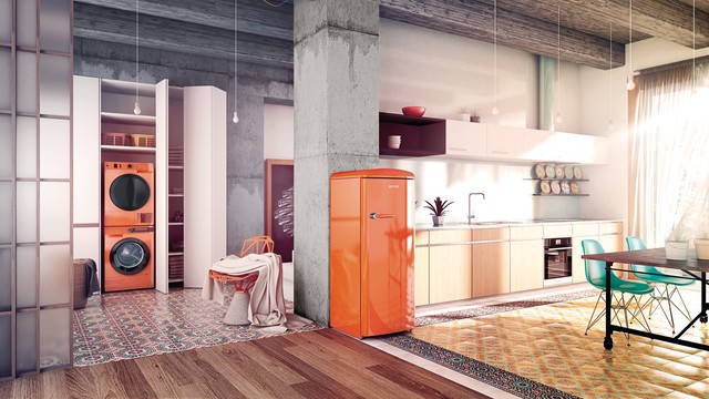 Gorenje - Frigo rétro orange et cuisine loft scandinave - Industriel -  Cuisine - Paris - par Gorenje France | Houzz