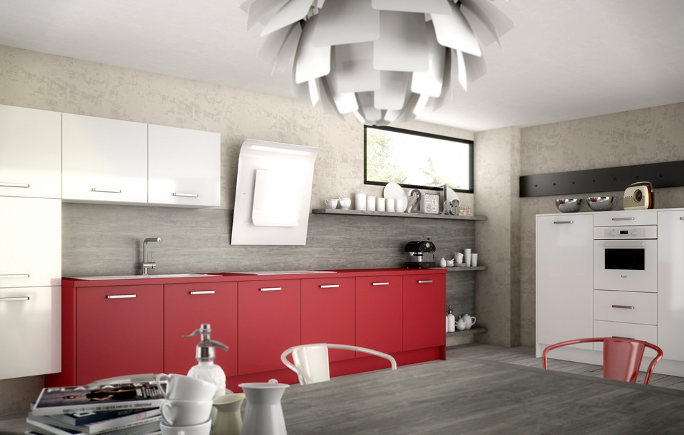 Mid-sized trendy l-shaped kitchen photo in Nantes with laminate countertops, gray backsplash, an island and red cabinets