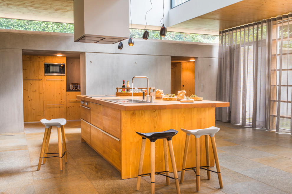 Photo of a large contemporary galley kitchen/diner in Nantes with a submerged sink, light wood cabinets, wood worktops, integrated appliances and an island.