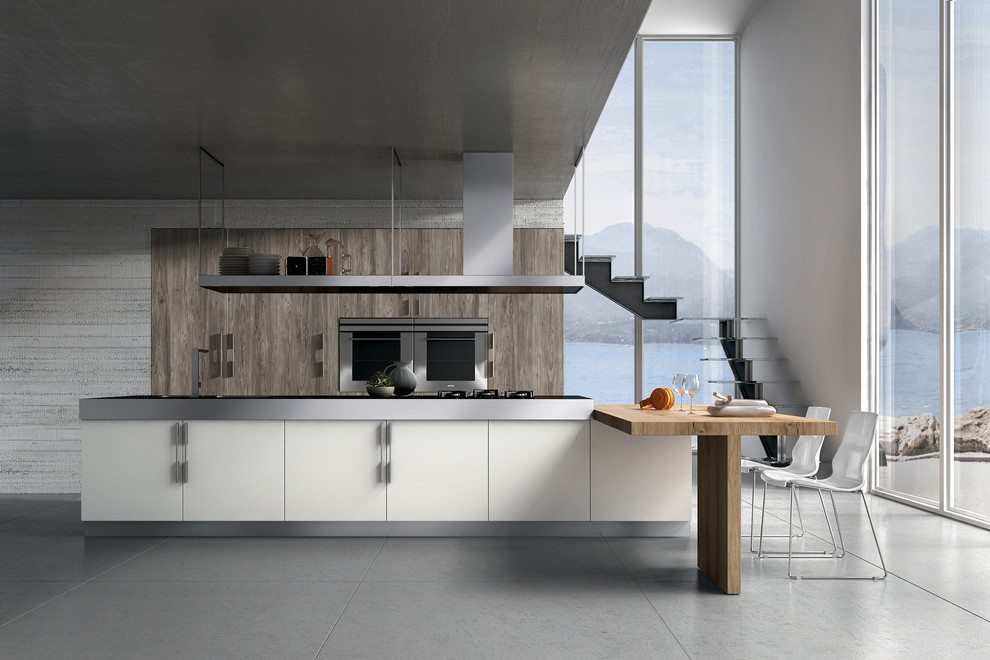 Ejemplo de cocina contemporánea grande abierta con fregadero integrado, electrodomésticos con paneles y una isla