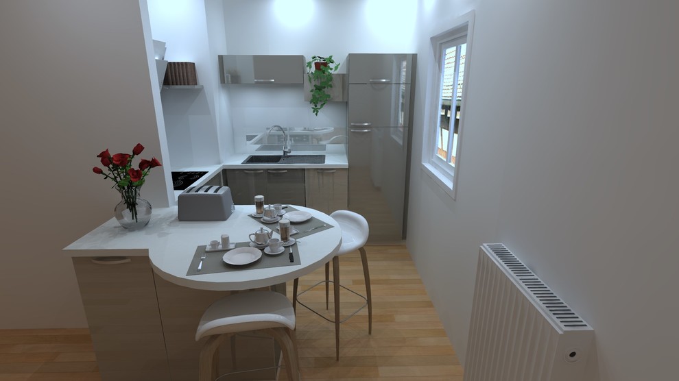 Idéer för små funkis kök, med en enkel diskho, laminatbänkskiva, vitt stänkskydd, glaspanel som stänkskydd, rostfria vitvaror, linoleumgolv, en köksö och brunt golv