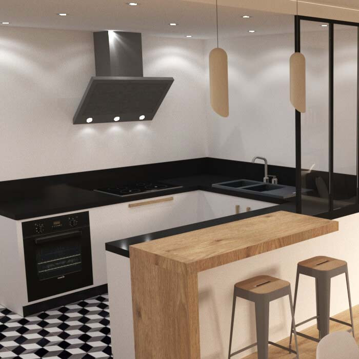 Inspiration för ett mellanstort maritimt svart svart kök, med en dubbel diskho, luckor med profilerade fronter, blå skåp, granitbänkskiva, svart stänkskydd, rostfria vitvaror, cementgolv och svart golv
