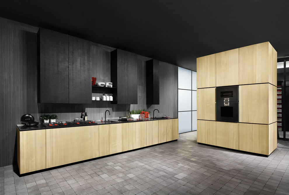 Inspiration pour une cuisine grise et noire minimaliste.