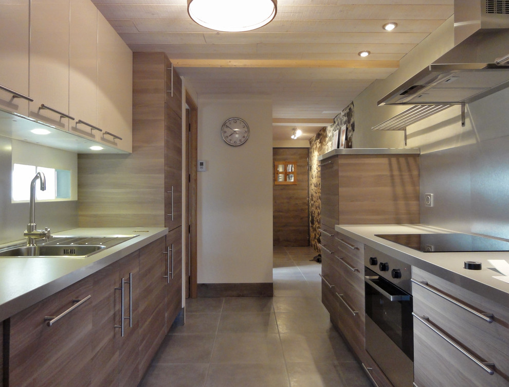 Large contemporary galley enclosed kitchen in Lyon with light wood cabinets and no island.
