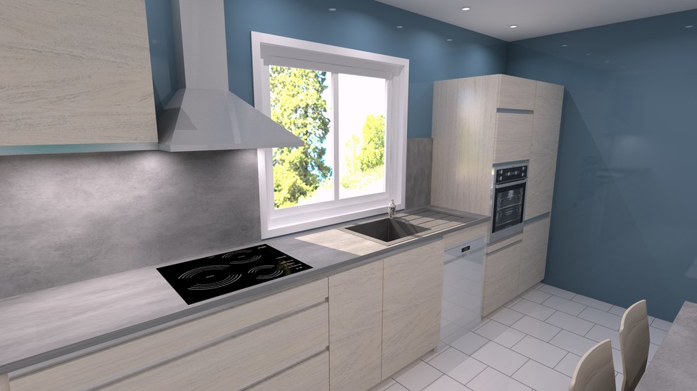 Design ideas for a small mediterranean single-wall enclosed kitchen in Le Havre with a single-bowl sink, flat-panel cabinets, beige cabinets, laminate countertops, grey splashback, wood splashback, stainless steel appliances, cement flooring, no island and beige floors.