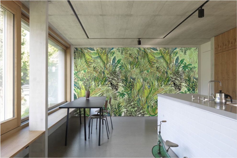 Große Moderne Küche mit Küchenrückwand in Grün, grauem Boden und grauer Arbeitsplatte in Paris