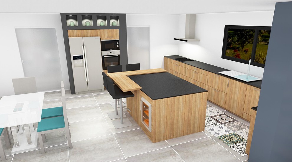 Idee per un'ampia cucina minimalista con ante in legno chiaro, top in granito, pavimento in cementine e top nero