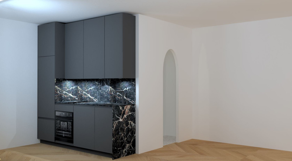 Exempel på ett litet modernt linjärt kök med öppen planlösning, med en undermonterad diskho, marmorbänkskiva, stänkskydd i marmor, integrerade vitvaror och ljust trägolv