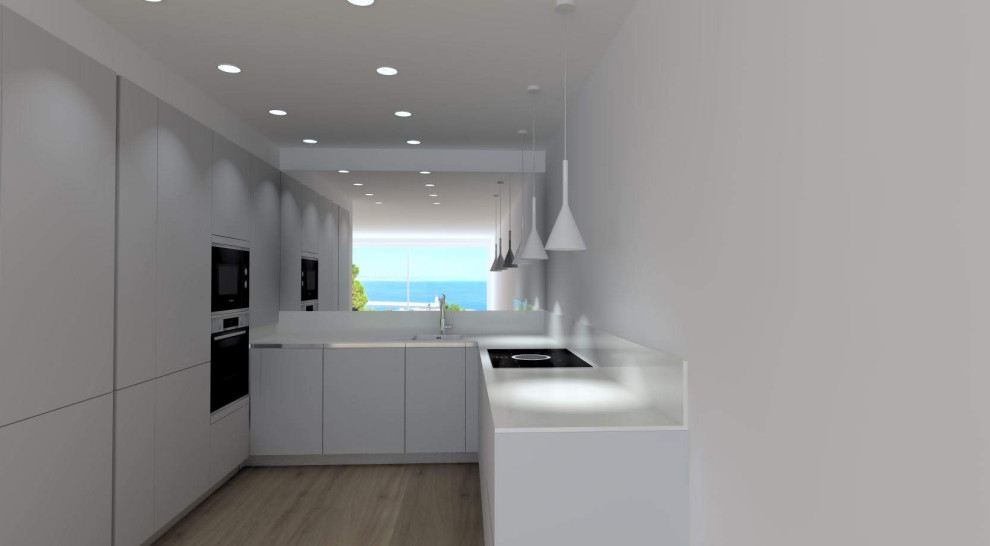 Design ideas for a medium sized contemporary u-shaped open plan kitchen in Nice with an integrated sink, flat-panel cabinets, grey cabinets, quartz worktops, white splashback, mirror splashback, integrated appliances, light hardwood flooring, no island and white worktops.