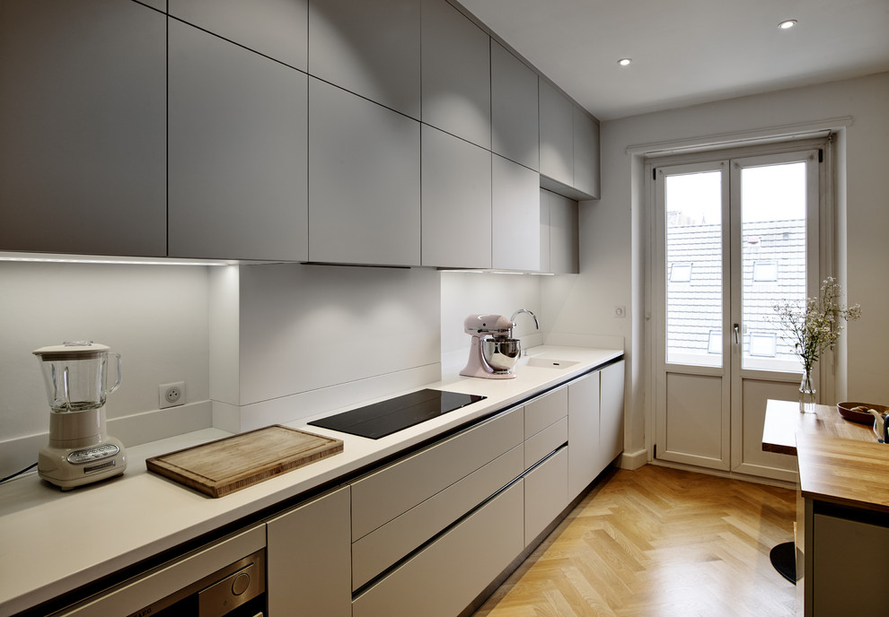 Modelo de cocina lineal minimalista de tamaño medio cerrada con electrodomésticos de acero inoxidable y suelo laminado