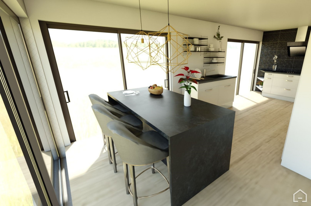 Transitional l-shaped eat-in kitchen photo in Toulouse with an island