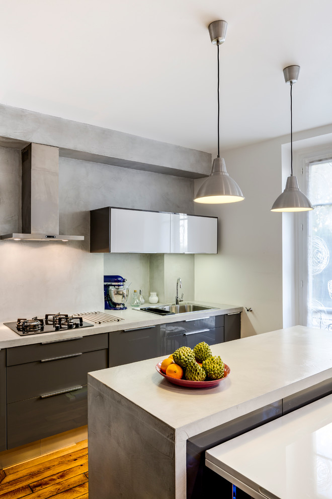 Zweizeilige, Mittelgroße Moderne Wohnküche mit grauen Schränken, braunem Holzboden, Kücheninsel und Betonarbeitsplatte in Paris