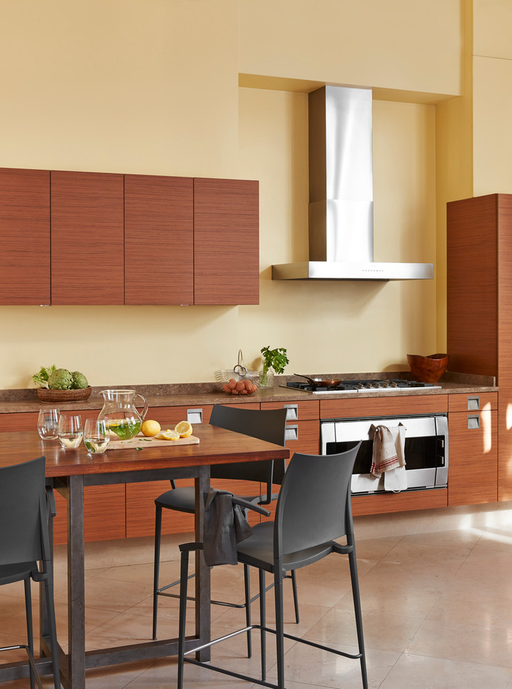Immagine di una grande cucina minimal con ante lisce, ante in legno scuro e elettrodomestici in acciaio inossidabile