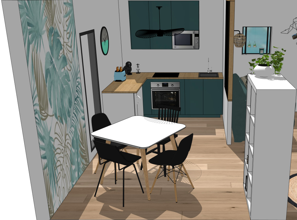 Inspiration för mellanstora skandinaviska brunt kök, med en undermonterad diskho, blå skåp, träbänkskiva, integrerade vitvaror, ljust trägolv och beiget golv