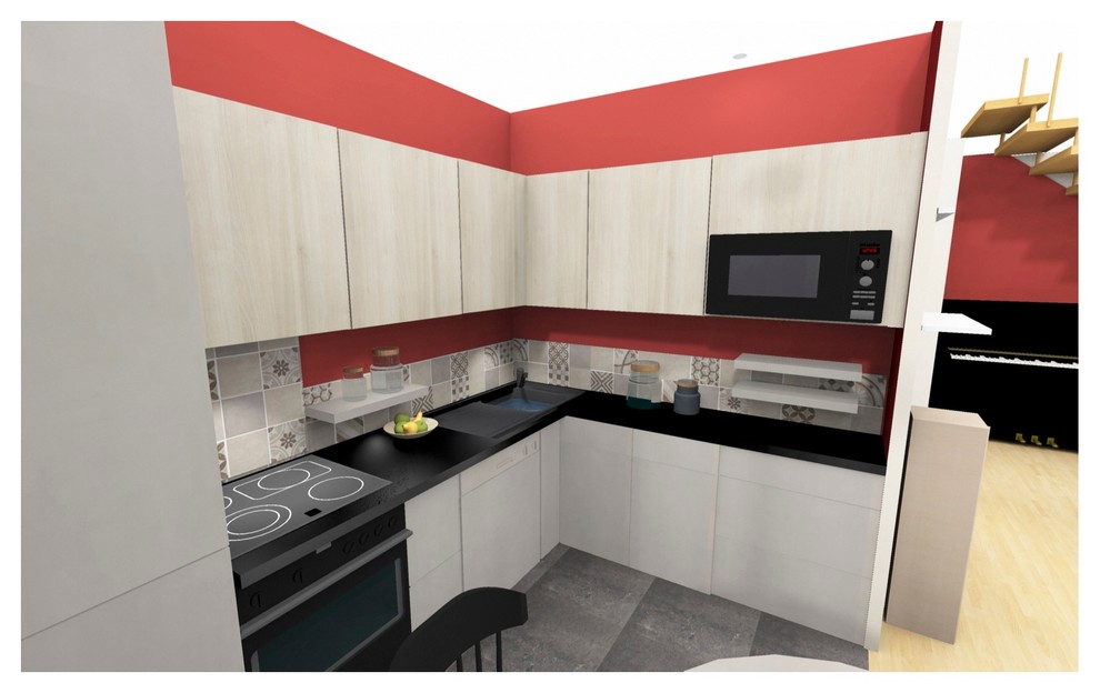 Idéer för att renovera ett litet funkis kök, med en undermonterad diskho, släta luckor, skåp i ljust trä, granitbänkskiva, brunt stänkskydd, stänkskydd i cementkakel, integrerade vitvaror och grått golv