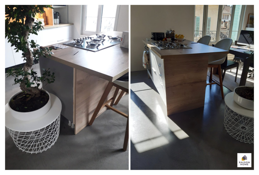 Idéer för att renovera ett litet skandinaviskt brun brunt kök, med en undermonterad diskho, släta luckor, skåp i rostfritt stål, träbänkskiva, brunt stänkskydd, stänkskydd i trä, rostfria vitvaror, betonggolv, en köksö och grått golv