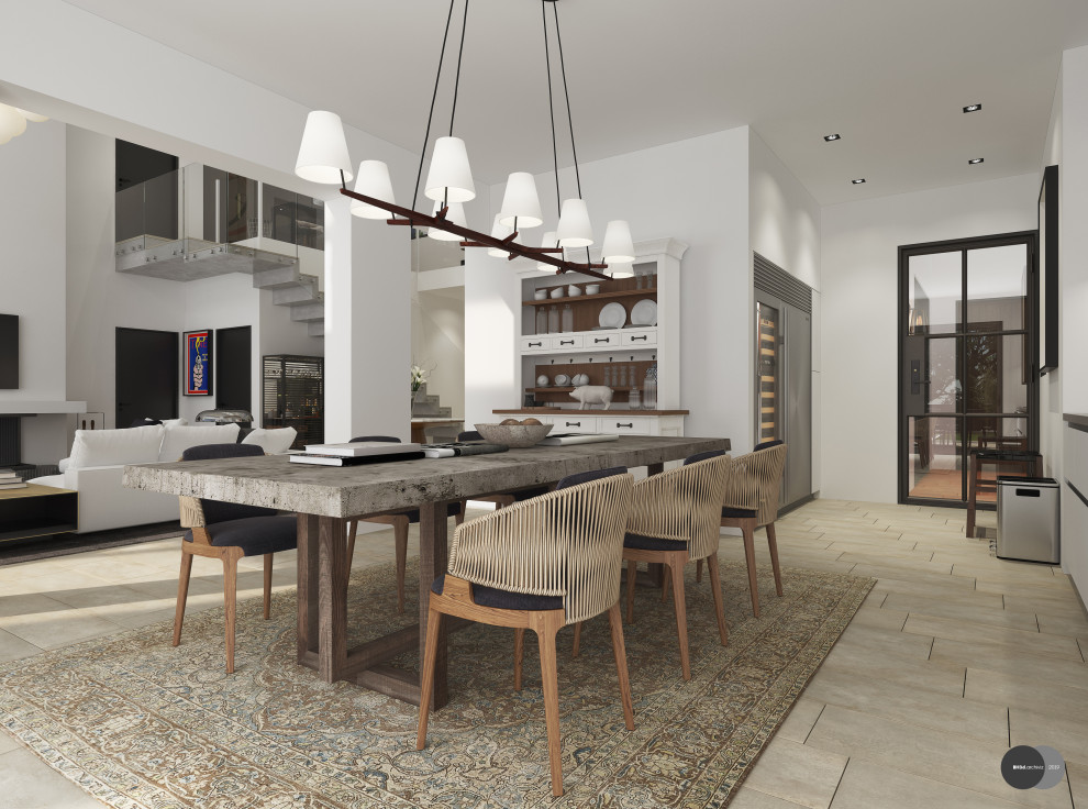 Idee per una grande sala da pranzo aperta verso il soggiorno moderna con pavimento con piastrelle in ceramica e pavimento beige