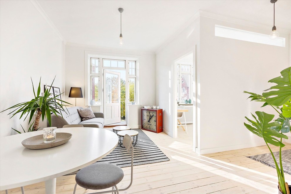 Imagen de salón abierto escandinavo sin chimenea y televisor con paredes blancas y suelo de madera clara