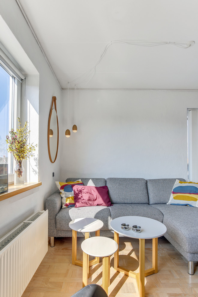 Imagen de salón nórdico de tamaño medio sin chimenea con paredes blancas y suelo de madera clara