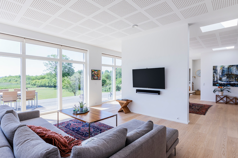 Imagen de salón actual con paredes blancas, suelo de madera en tonos medios, televisor colgado en la pared y suelo marrón