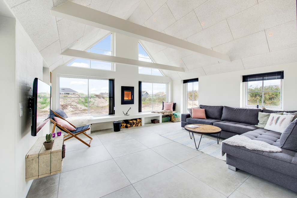 Источник вдохновения для домашнего уюта: изолированная гостиная комната в скандинавском стиле с белыми стенами, бетонным полом, печью-буржуйкой, фасадом камина из металла, телевизором на стене и серым полом