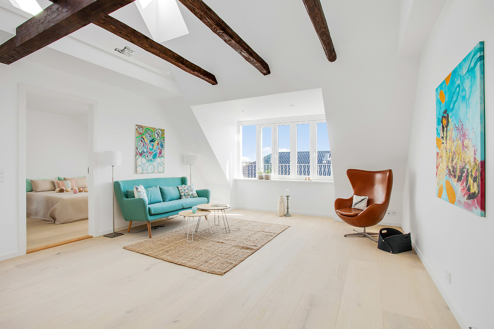 Photo of a medium sized scandi formal enclosed living room in Miami with white walls, light hardwood flooring and no tv.