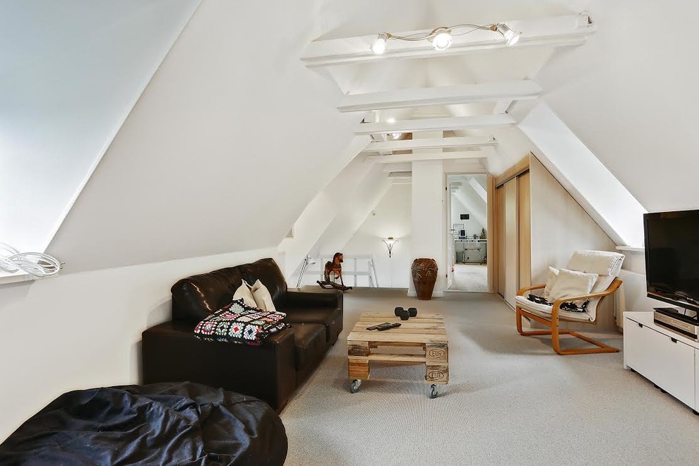 На фото: маленькая гостиная комната в скандинавском стиле с белыми стенами, ковровым покрытием и отдельно стоящим телевизором без камина для на участке и в саду