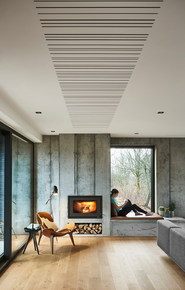 Foto de salón para visitas minimalista de tamaño medio con paredes grises y suelo de madera en tonos medios