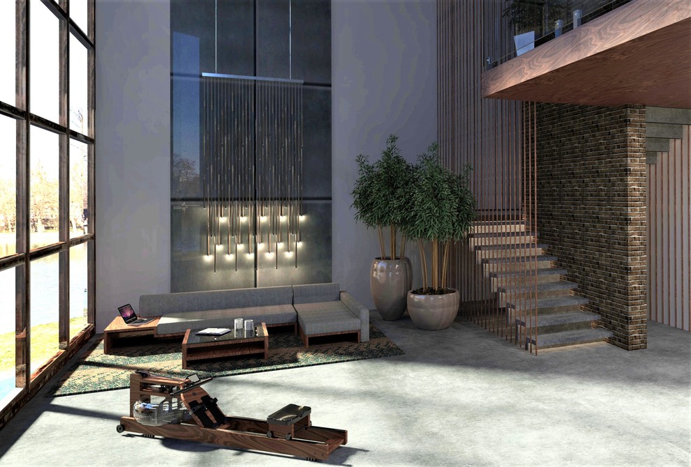 Idée de décoration pour un salon urbain avec une salle de réception, sol en béton ciré et un sol gris.