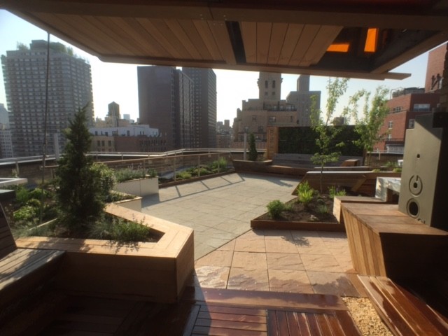 Modelo de terraza actual de tamaño medio en azotea con jardín vertical y toldo