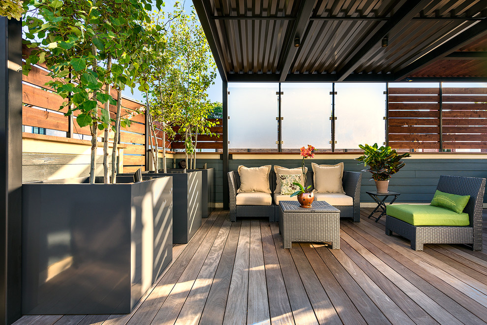 Moderne Terrasse hinter dem Haus mit Kübelpflanzen in Chicago