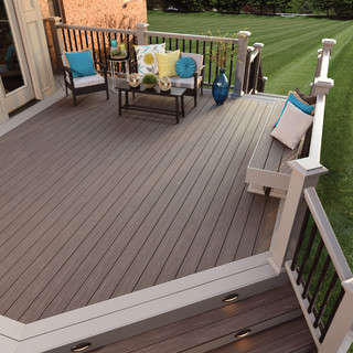 AZEK Vintage Collection in Dark Hickory. Premier Rail in Slate Gray