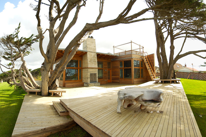 Cette image montre une grande terrasse arrière design avec un foyer extérieur et une extension de toiture.