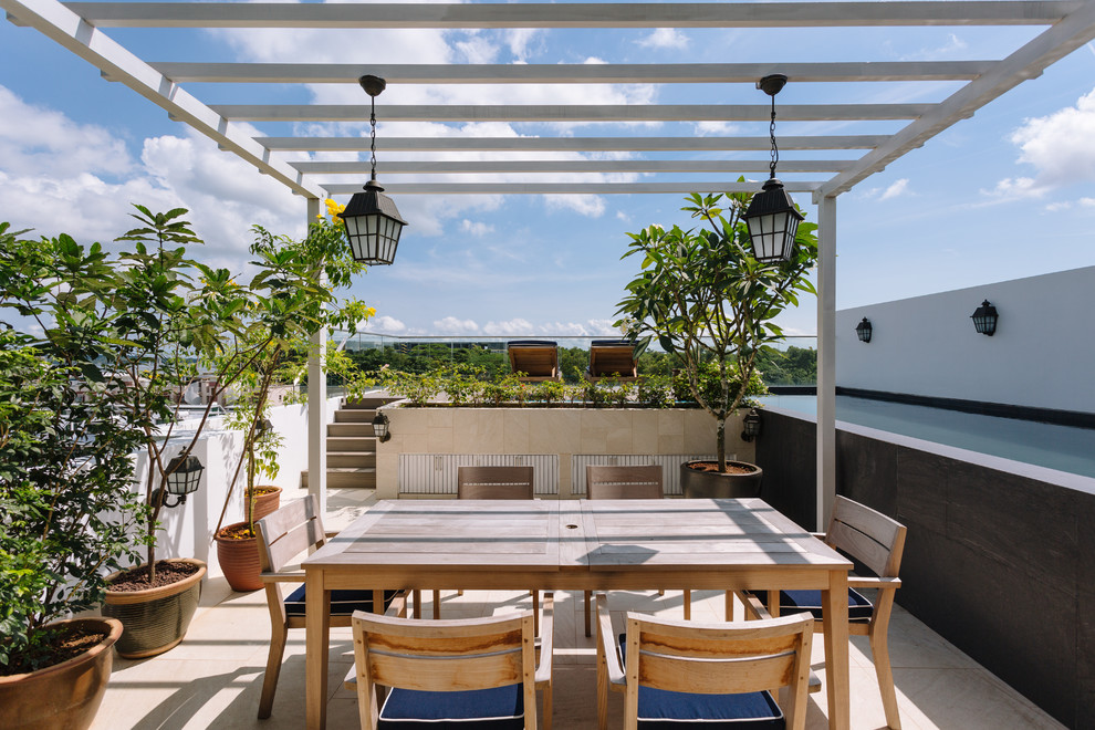 Ispirazione per una terrazza etnica sul tetto e sul tetto con un giardino in vaso e una pergola